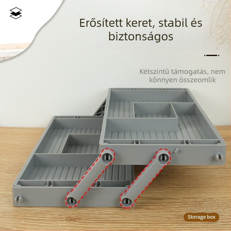 ABS anyagú ékszeres doboz kihúzható fiókokkal, kétszintes kialakítás és háromszintű asztali rekeszek