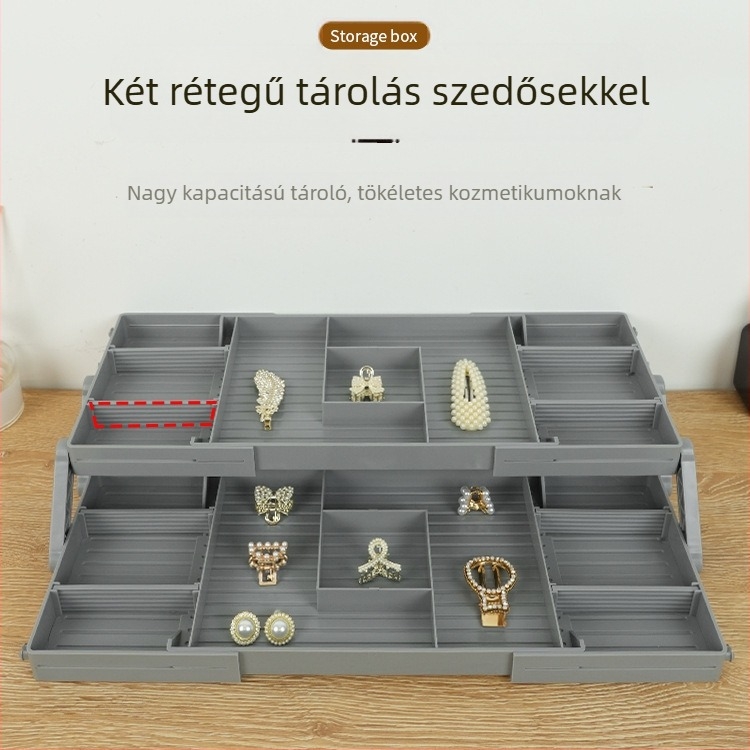 ABS anyagú ékszeres doboz kihúzható fiókokkal, kétszintes kialakítás és háromszintű asztali rekeszek