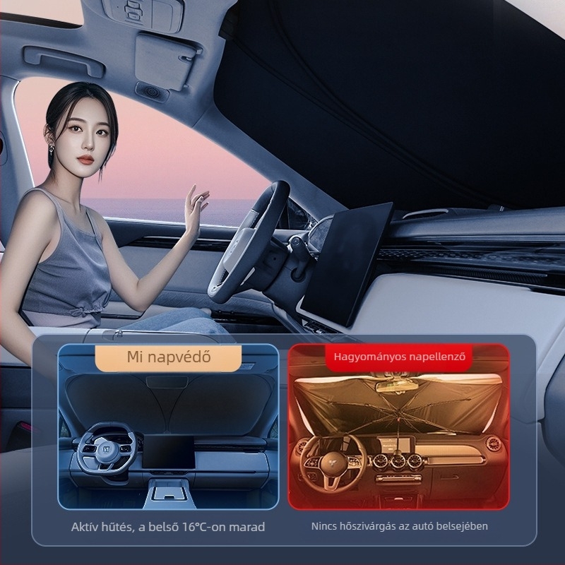 Autó első szélvédő napvédő – titánium ezüst + ütésálló anyag, beépített telepítés, univerzális illeszkedés, testreszabás és logónyomtatás