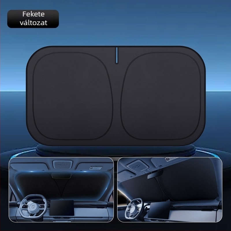 Autó első szélvédő napvédő – titánium ezüst + ütésálló anyag, beépített telepítés, univerzális illeszkedés, testreszabás és logónyomtatás