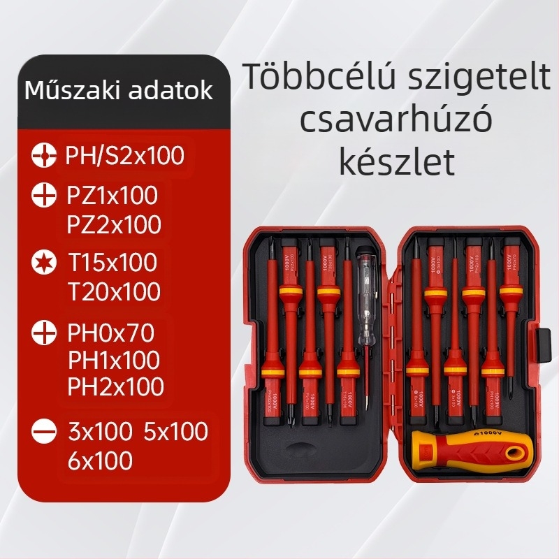 13 darabos szigetelt csavarhúzó készlet: Phillips és lapos fejű, magnetikus, króm-vanádium acélból