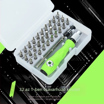 32 az 1-ben precíziós csavarhúzó készlet mobiltelefonokhoz, Cr_V króm-vanádium acél, mágneses bitek, PP+TPR markolat, keresztes fej