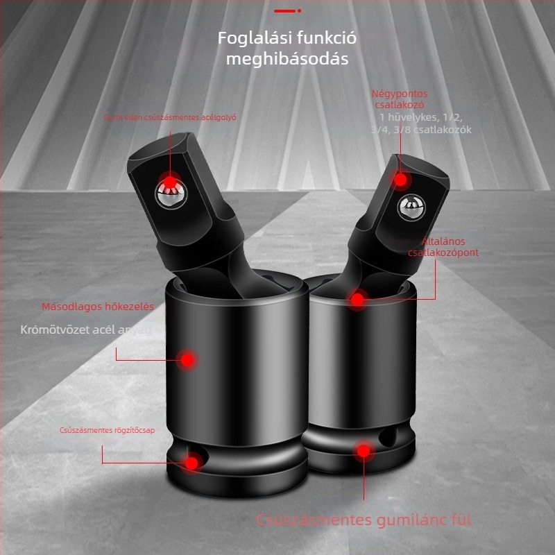 Univerzális csuklós adapter diókulcs/pneumatikus vagy elektromos csavarhúzóhoz, 360° forgás; anyag: króm-molibden acél; felületkezelés: krómozás; tömeg: 170; márka: Other