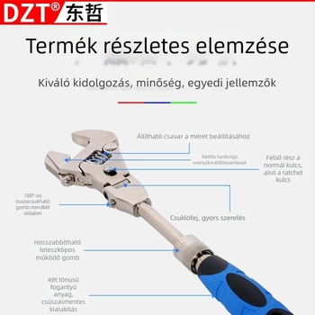 DZT Öt‑in‑1 Multifunkcionális Állítható Kulcs Összecsukható Fejjel és Gyors Teleszkópos Ráccsal – Króm-Vanádium Acél