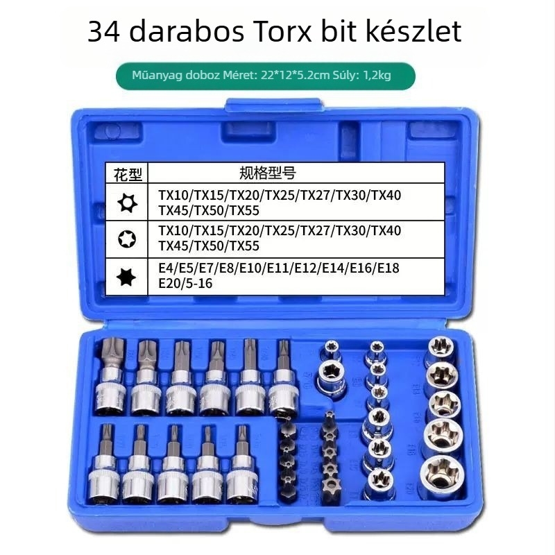 34 darabos Torx diókulcs készlet E4–E20 és T10–T60, króm-vanádium acélból, gépjavításokra
