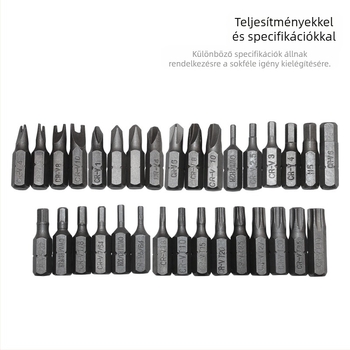 Elektromos csavarhúzó bitkészlet, 33 darabos, mágneses, szénacélból, nem szigetelt, súly: 300 g