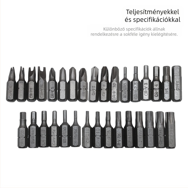 Elektromos csavarhúzó bitkészlet, 33 darabos, mágneses, szénacélból, nem szigetelt, súly: 300 g