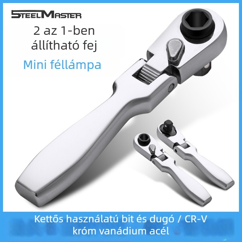 Mini recsés kulcs forgófejjel, kettős végű kialakítás, krom-vanádium acélból, krómozott bevonat, tömeg 0.08 kg, kétirányú működés