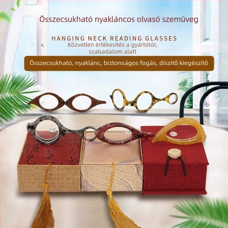 Olvasó szemüveg, összecsukható, könnyű, nyakláncon hordható kivitel, teljes keret