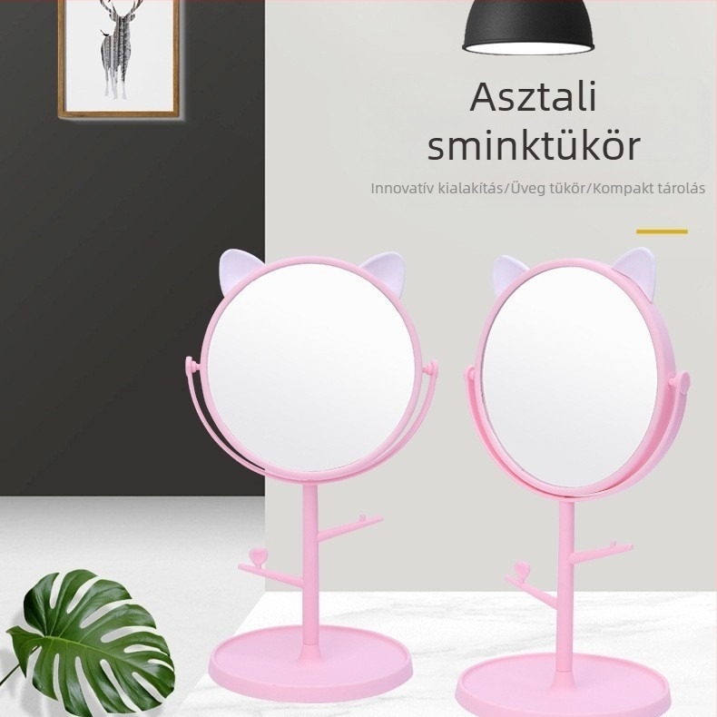 Asztali sminktükör macskafüllel, forgatható HD, egyoldalas, műanyag keret, hálószobára