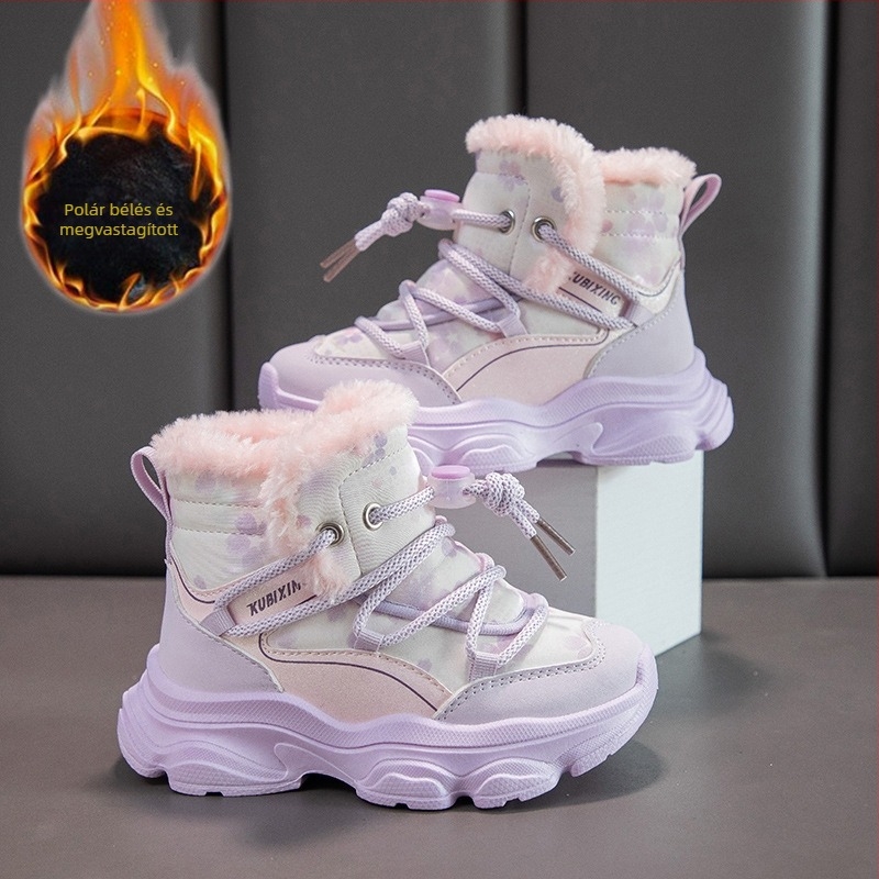 Gyerekeknek készült pamutcipő téli fleece-béléses, vastag talpú hegymászó stílusú sneaker fiúknak és lányoknak
