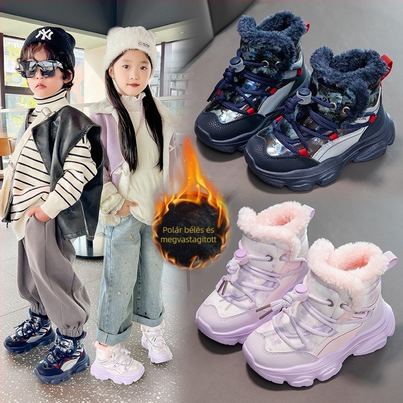 Gyerekeknek készült pamutcipő téli fleece-béléses, vastag talpú hegymászó stílusú sneaker fiúknak és lányoknak
