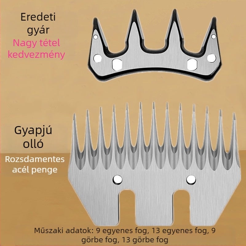 Elektromos gyapjúolló pengéje – nagy szilárdságú, jó tartósságú, éles; 13/9 egyenes és 13/9 ívelt
