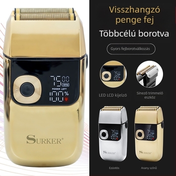 Surker elektromos borotva, reciprocáló fejű, 2 pengével, teljes testben mosható, LED kijelző, kefés motor, 120 perc üzemidő