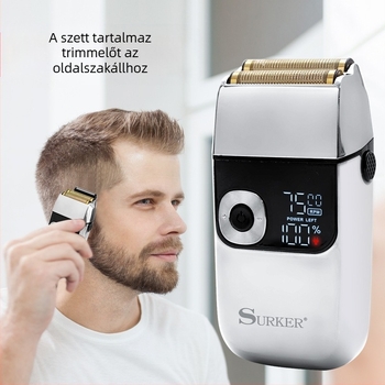 Surker elektromos borotva, reciprocáló fejű, 2 pengével, teljes testben mosható, LED kijelző, kefés motor, 120 perc üzemidő