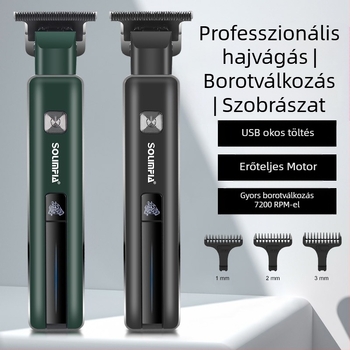 Elektronikus hajvágó gép fodrászathoz, rozsdamentes acél penge, beépített 500–800 mAh akkumulátor, üzemidő 0–1 óra, vízálló, leválasztható és mosható pengefej.