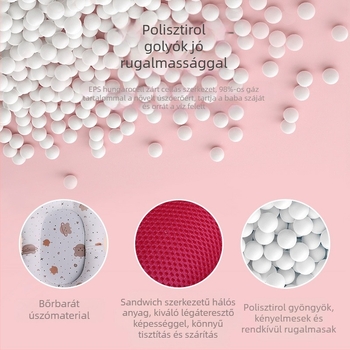 Babafürdető fürdőmatrac keretes hálóval; anyag: négyrészes elasztikus szövet + háló + poliészter töltet + PE kampó; ülésre és fekvésre alkalmas