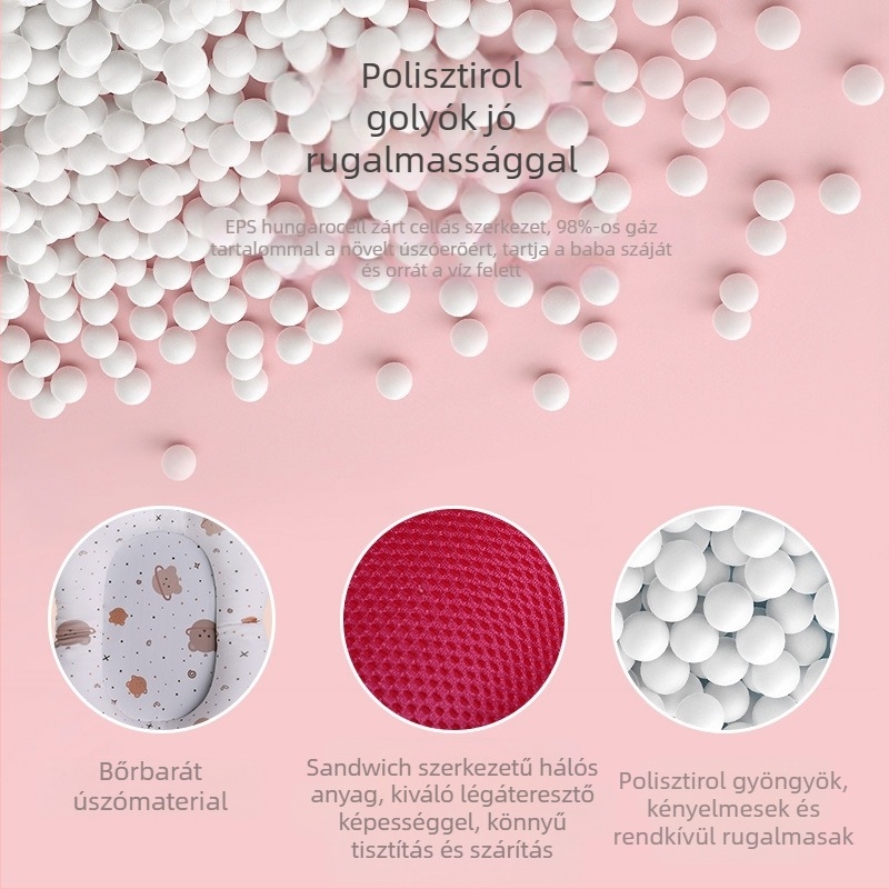 Babafürdető fürdőmatrac keretes hálóval; anyag: négyrészes elasztikus szövet + háló + poliészter töltet + PE kampó; ülésre és fekvésre alkalmas