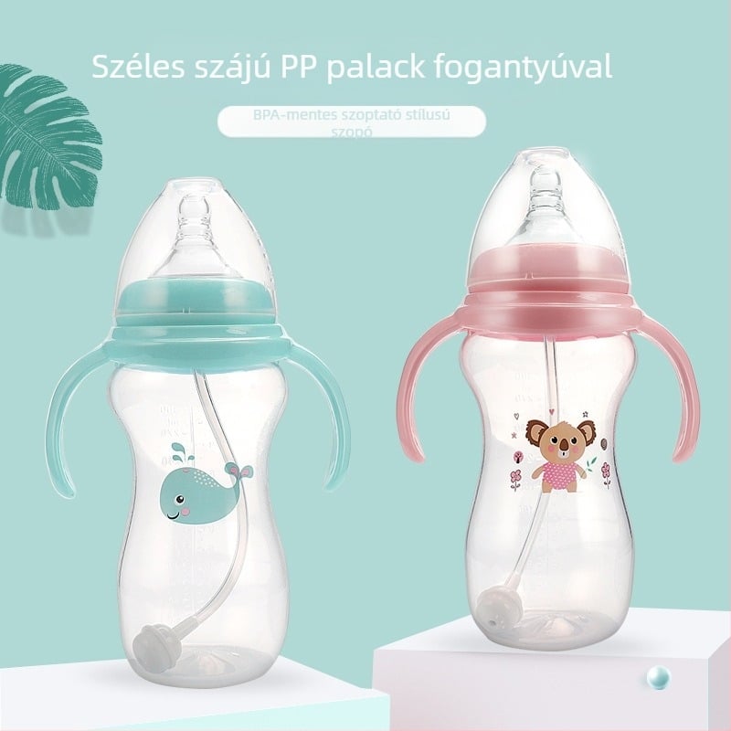 Meiyingtang Újszülött cumisüveg fogantyúval, PP anyag, széles nyakú, ívelt alak, logó nyomtatva