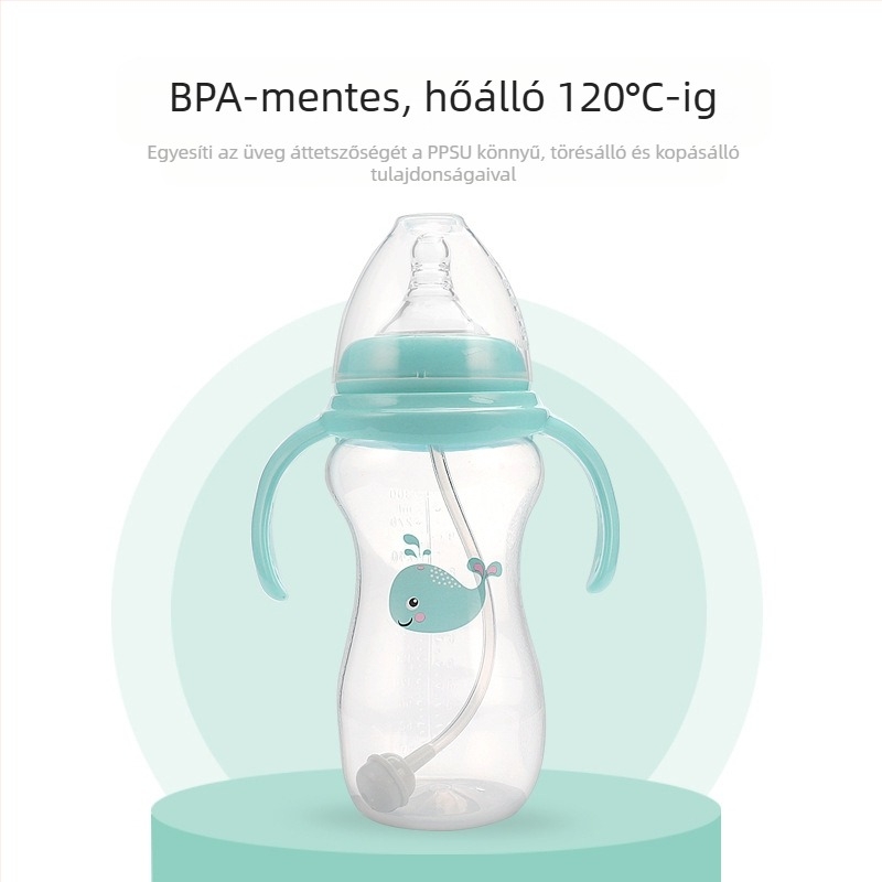 Meiyingtang Újszülött cumisüveg fogantyúval, PP anyag, széles nyakú, ívelt alak, logó nyomtatva