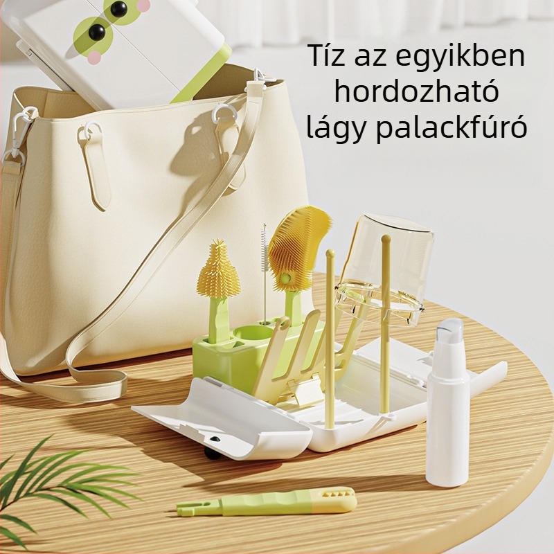 Gyerekeknek készült hordozható, kétoldalas, összecsukható üveg- és pohártisztító készlet – többfunkciós tisztító kefék, szilikon pohártisztító és tároló doboz