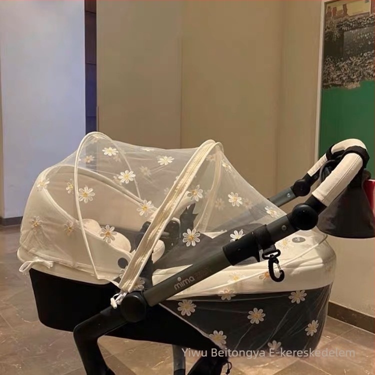 Baba babakocsi szúnyogháló tavasz–nyár, poliészter, acélkeret, szerelés nélküli, margaréta hímzés