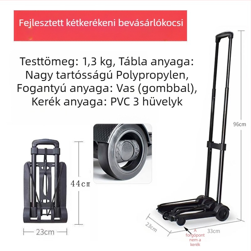 Összecsukható, hordozható kétkerekű bevásárlókocsi polipropilén és fém toldórúd szerkezettel; 10 darabos csomag; teherbírás 30 kg