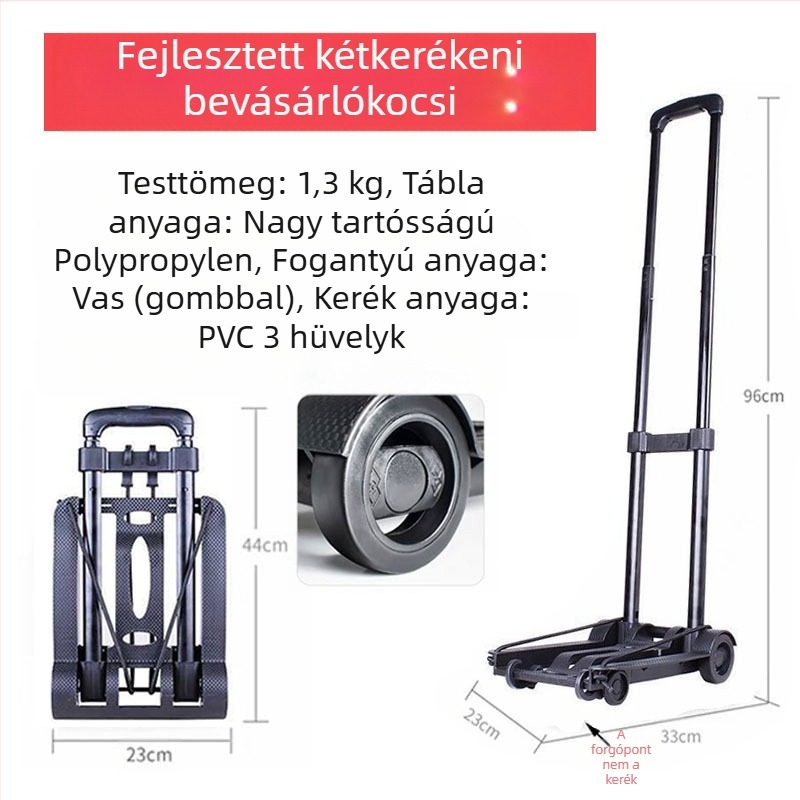 Összecsukható, hordozható kétkerekű bevásárlókocsi polipropilén és fém toldórúd szerkezettel; 10 darabos csomag; teherbírás 30 kg