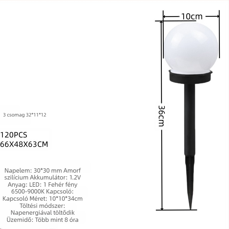 Kültéri napelemes LED gömblámpa, 10 cm fehér gömb – dekoratív világítás udvarra, gyepre és kertre