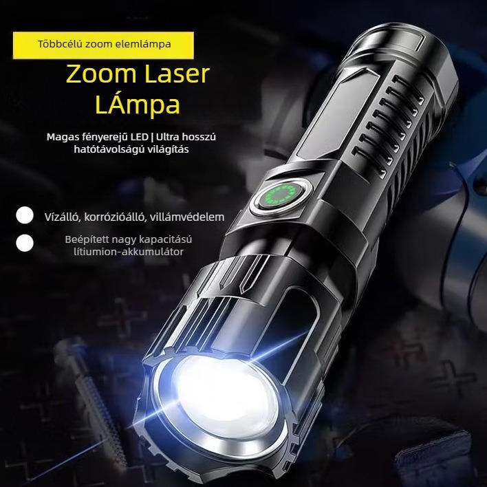 Kompakt LED zseblámpa állítható fókuszú, 5W, 800 mAh, újratölthető, 360° forgás