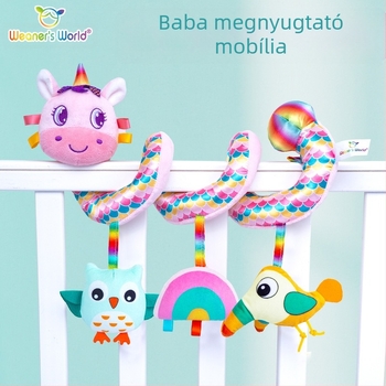 Plüss kocsira akasztható játék csengővel – interaktív fejlesztő játék 0–3 éves csecsemőknek