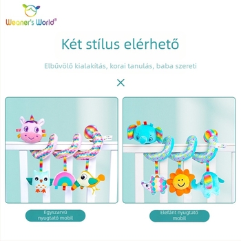 Plüss kocsira akasztható játék csengővel – interaktív fejlesztő játék 0–3 éves csecsemőknek