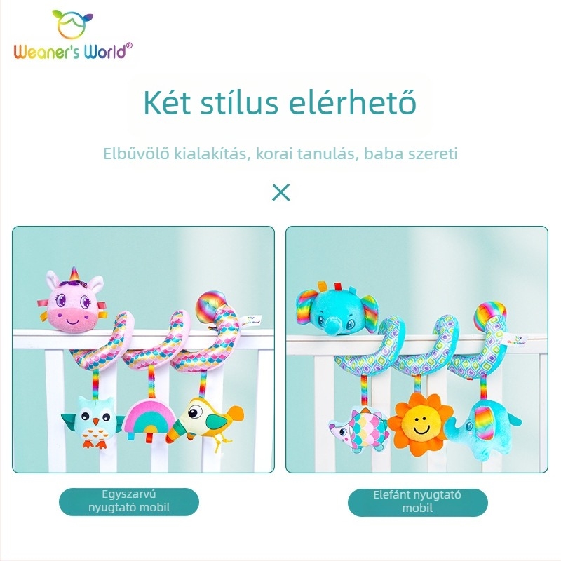 Plüss kocsira akasztható játék csengővel – interaktív fejlesztő játék 0–3 éves csecsemőknek