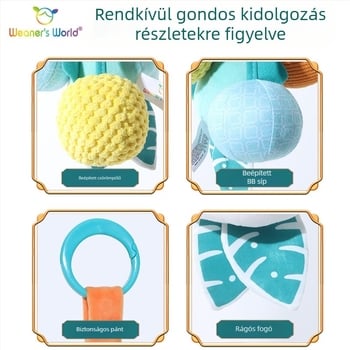 Puha plüss függő játék haranggal és csilingelő hanggal, rajzfilm állat motívummal, ideális a babaszobába, mózeskosárba vagy autósülésbe; elősegíti a korai érzékszervi és motoros fejlődést (látás, fogás, hallás) és a szülő-gyermek kommunikációt.