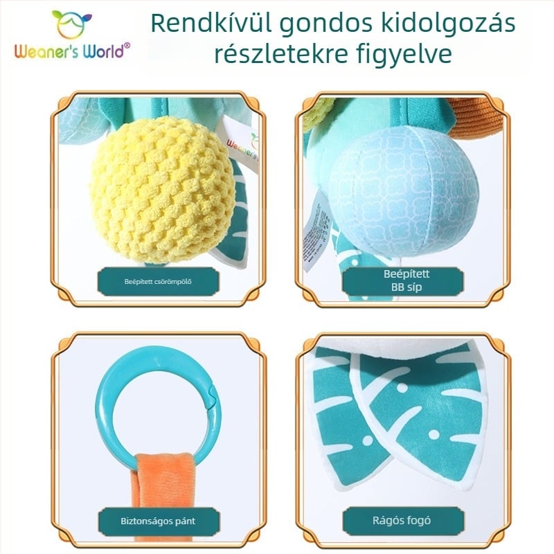 Puha plüss függő játék haranggal és csilingelő hanggal, rajzfilm állat motívummal, ideális a babaszobába, mózeskosárba vagy autósülésbe; elősegíti a korai érzékszervi és motoros fejlődést (látás, fogás, hallás) és a szülő-gyermek kommunikációt.