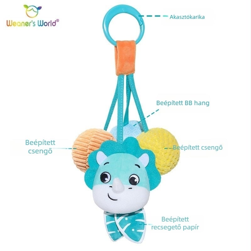 Puha plüss függő játék haranggal és csilingelő hanggal, rajzfilm állat motívummal, ideális a babaszobába, mózeskosárba vagy autósülésbe; elősegíti a korai érzékszervi és motoros fejlődést (látás, fogás, hallás) és a szülő-gyermek kommunikációt.