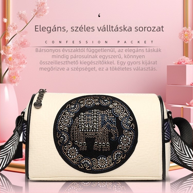 PU anyagú párnás táska vállra, henger alakú, cipzárral záródó, belső zsebbel és telefontartó zsebbel