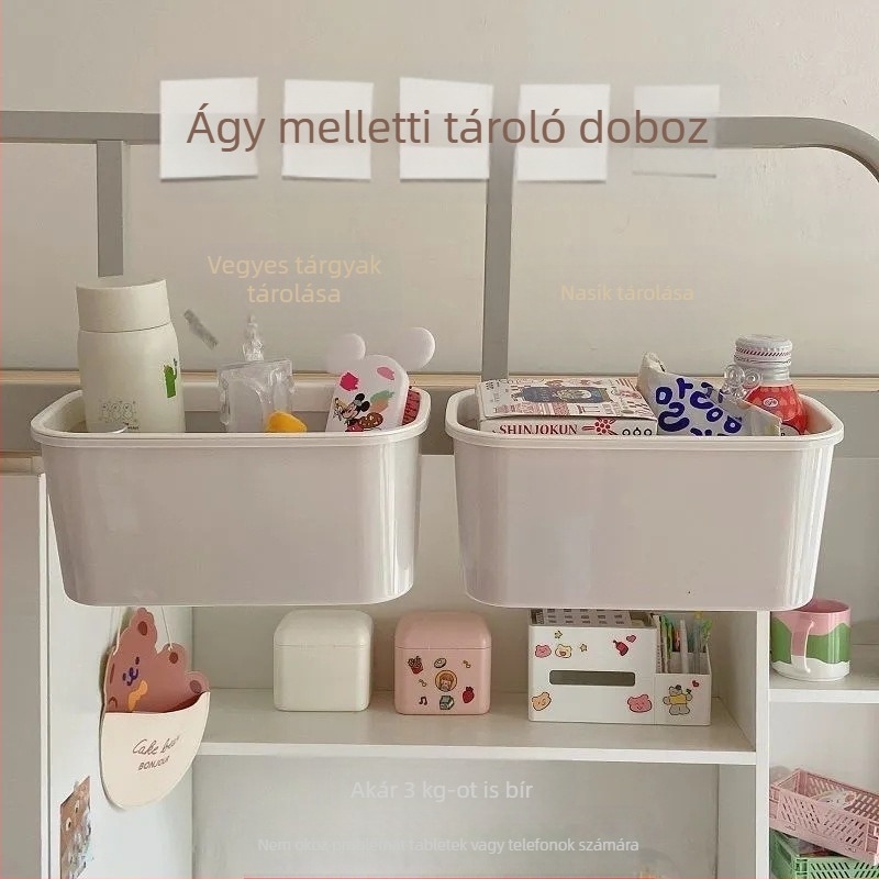 Ágy melletti függő tárolókosár, műanyag, többfunkciós, kampóval rögzíthető, 1 réteg, irodai és hálószobai tároláshoz