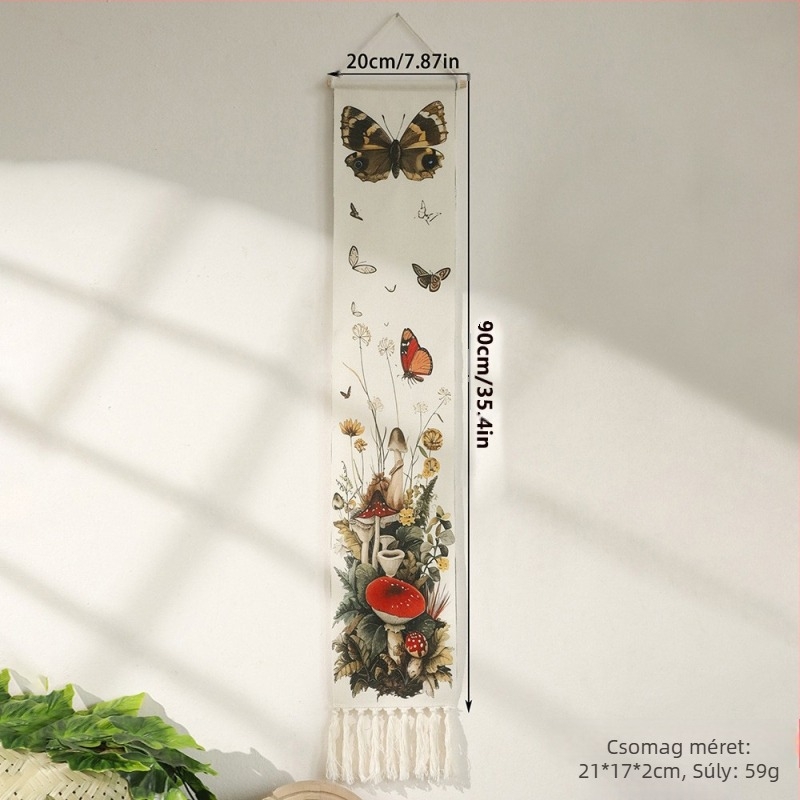 Kézzel szőtt falikép pamutból, pillangó mintával és rojtokkal, etnikus stílus