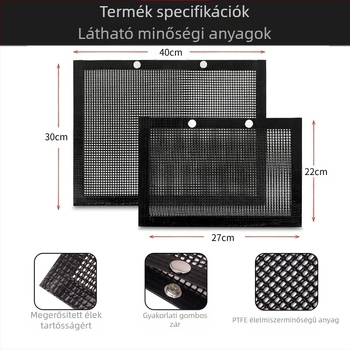 Grillhálózsák teflonnal, négyszögletes alakú, tapadásmentes, magas hőmérséklet-tűrés