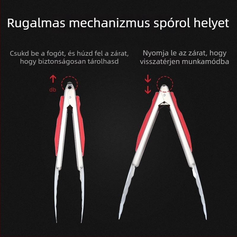 Vörös fogantyúval ellátott rozsdamentes acél ételklipsz, csúszásmentes, hőtűrő, sokoldalú konyhai clip kenyérhez és zöldségekhez, méretek 9, 12 vagy 14 hüvelyk