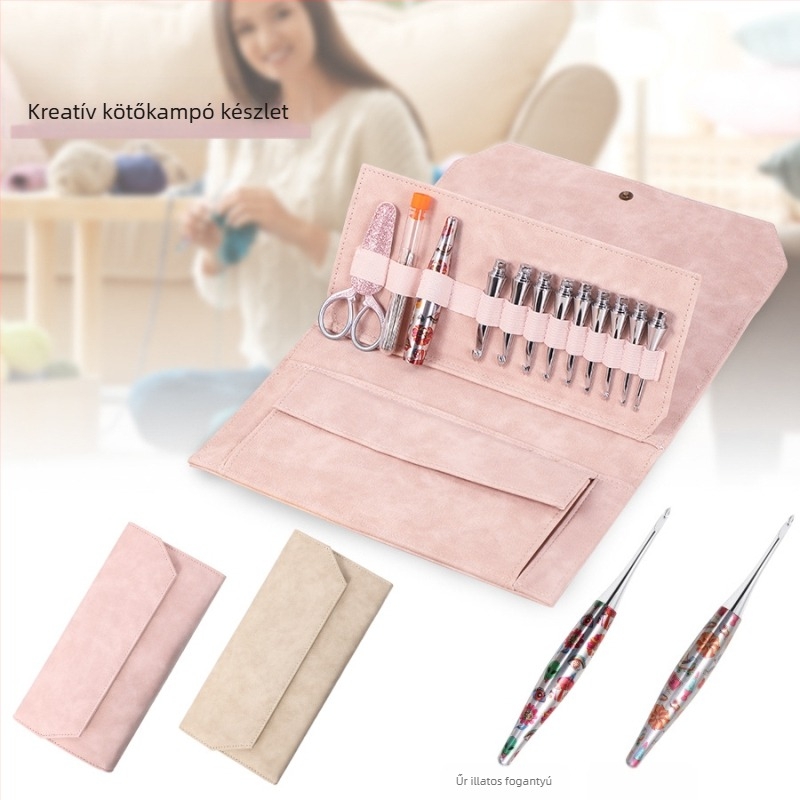 9 darabos rozsdamentes acél horgolótű készlet, kivehető fejjel és rozsdamentes acél nyéllel
