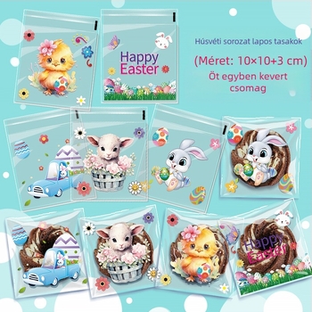 OPP öntapadós ajándékzacskó nyuszi és húsvéti tojás mintával, műanyagból készült csomagolás kis édességekhez — logó nélkül, lapos késes vágás