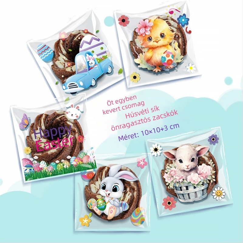 OPP öntapadós ajándékzacskó nyuszi és húsvéti tojás mintával, műanyagból készült csomagolás kis édességekhez — logó nélkül, lapos késes vágás