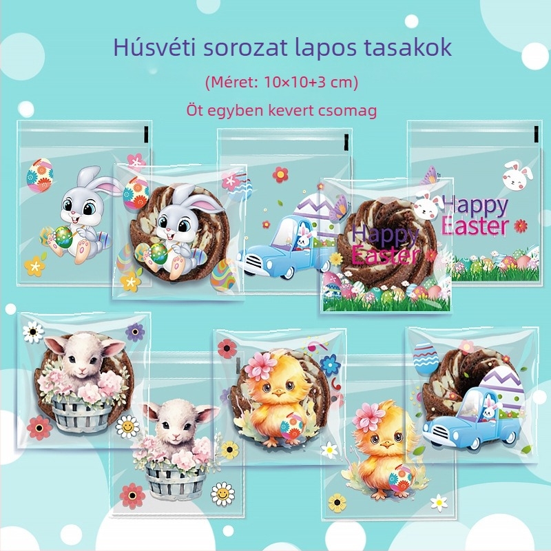 OPP öntapadós ajándékzacskó nyuszi és húsvéti tojás mintával, műanyagból készült csomagolás kis édességekhez — logó nélkül, lapos késes vágás