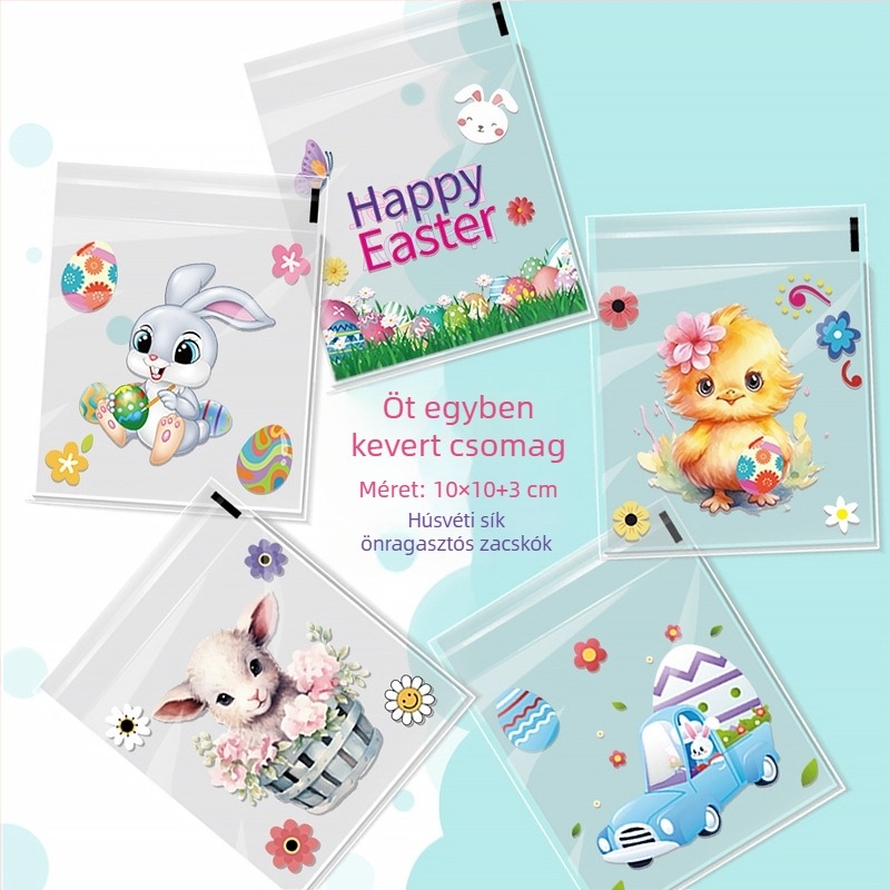 OPP öntapadós ajándékzacskó nyuszi és húsvéti tojás mintával, műanyagból készült csomagolás kis édességekhez — logó nélkül, lapos késes vágás