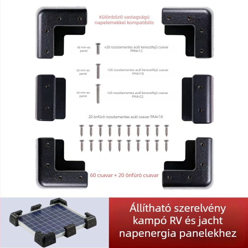 RV napelemtartó, ABS, 0,95 kg, injekciós formázású beépített réz anyákkal a közvetlen csavarozáshoz, ipari szabvány