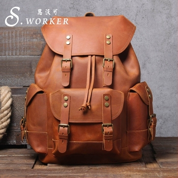 Retro hátizsák felső rétegű marhabőrből, 20–35L kapacitás, kopásálló és lopás elleni védelem, márka S.worker / Sivokor, szabadidős utazásokhoz és szabadtéri használatra