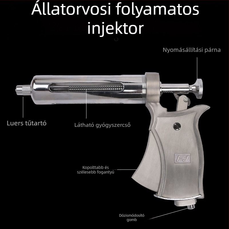 Állítható, teljesen fémből készített félautomata húzórúddal ellátott injekciós szívócső tehenek számára; hőmérséklet-szabályozás 100°C-ig; alkalmazható az állattenyésztésben és az akvakultúrában; márka fj