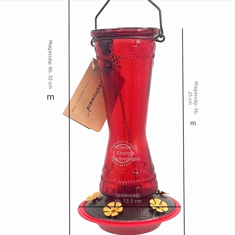 Kolibri etető - kültéri lógó, piros üveg vas alkatrészekkel, automata etetés; anyagok: üveg, műanyag, vas; eredet: Quanzhou